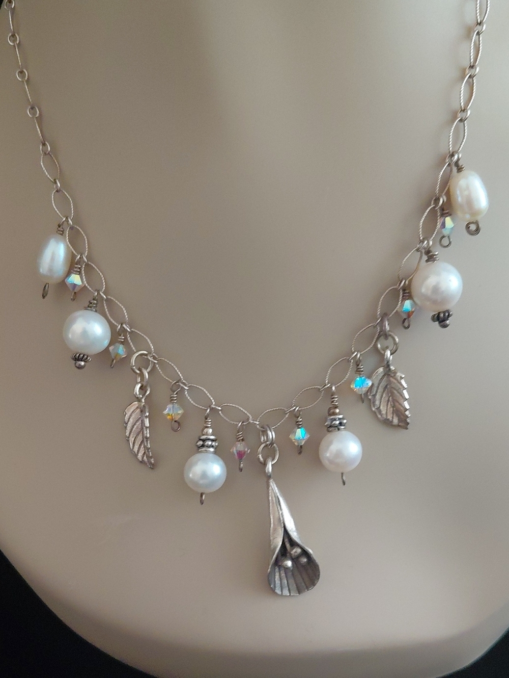 Sterling Silver Freshwater Pearl Crystal Botanical Charm Necklace 18.25"